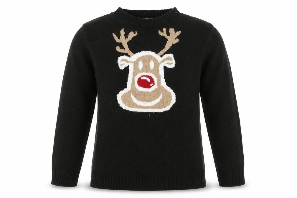 Front view of Dazzling women’s black jumper, size M, - christmas reindeer rudolph