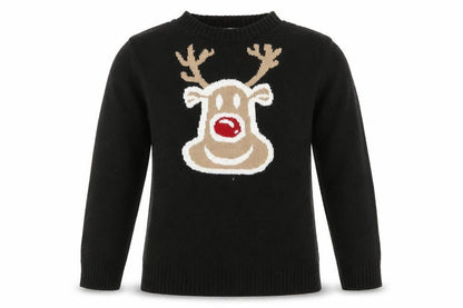 Front view of Dazzling women’s black jumper, size M, - christmas reindeer rudolph