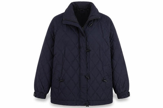 Front view of Sensations women’s blue quilted coat, size UK 12