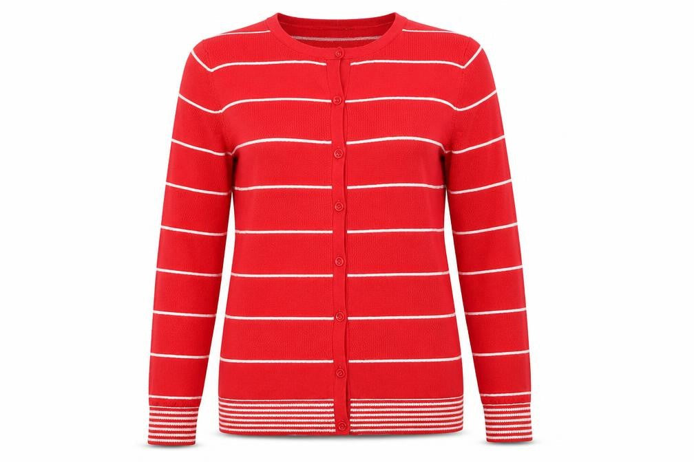 Front view of Bonmarché women’s red striped cardigan jumper, size XS