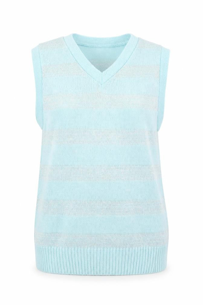 Front view of Black Pepper women’s blue striped vest jumper, size XL