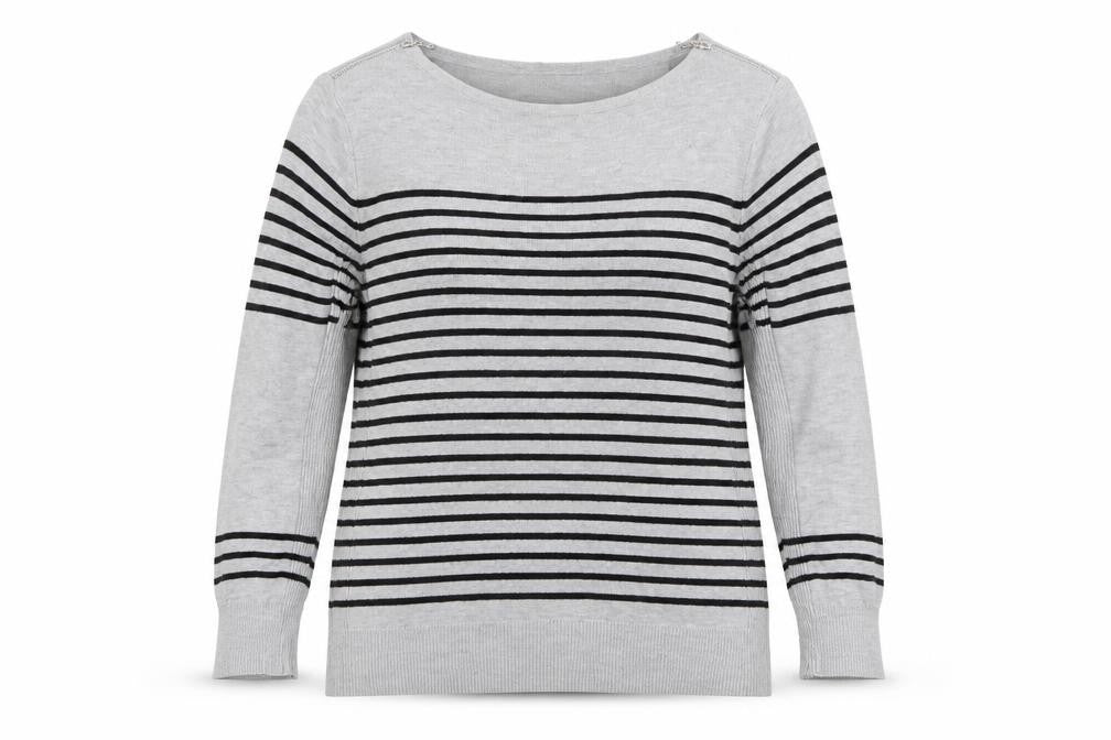 Front view of Debenhams women’s grey striped jumper, size UK 12