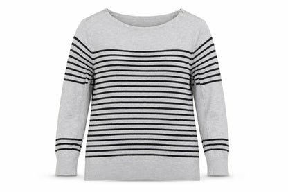 Front view of Debenhams women’s grey striped jumper, size UK 12