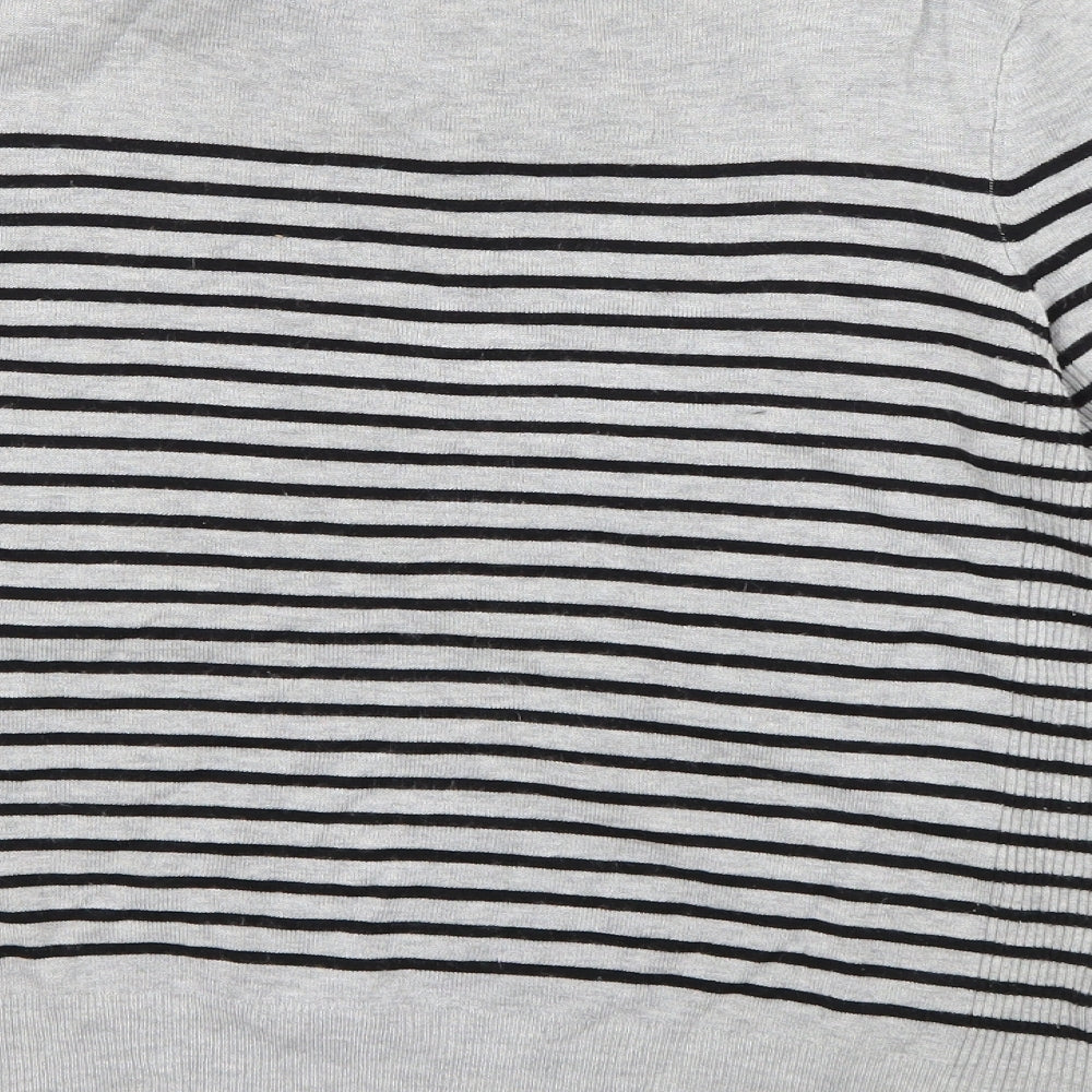 Brand and care label for Debenhams women’s grey striped jumper, size UK 12