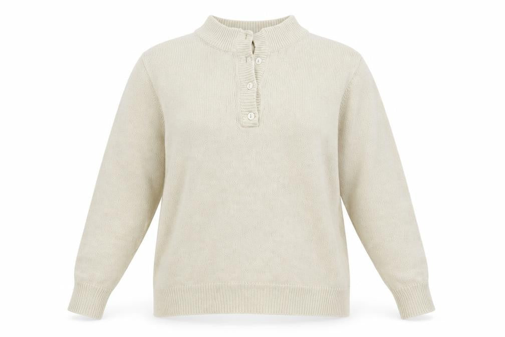 Front view of Damart women’s beige knit henley jumper, size M