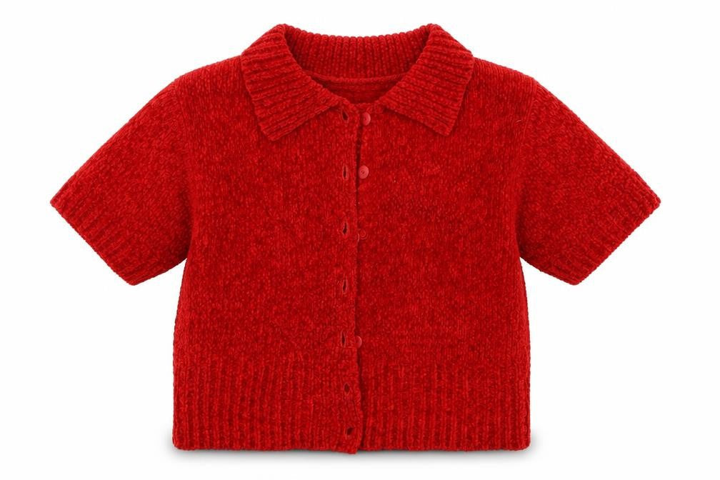 Front view of C&A girls’ red knit cardigan jumper, size 14, years