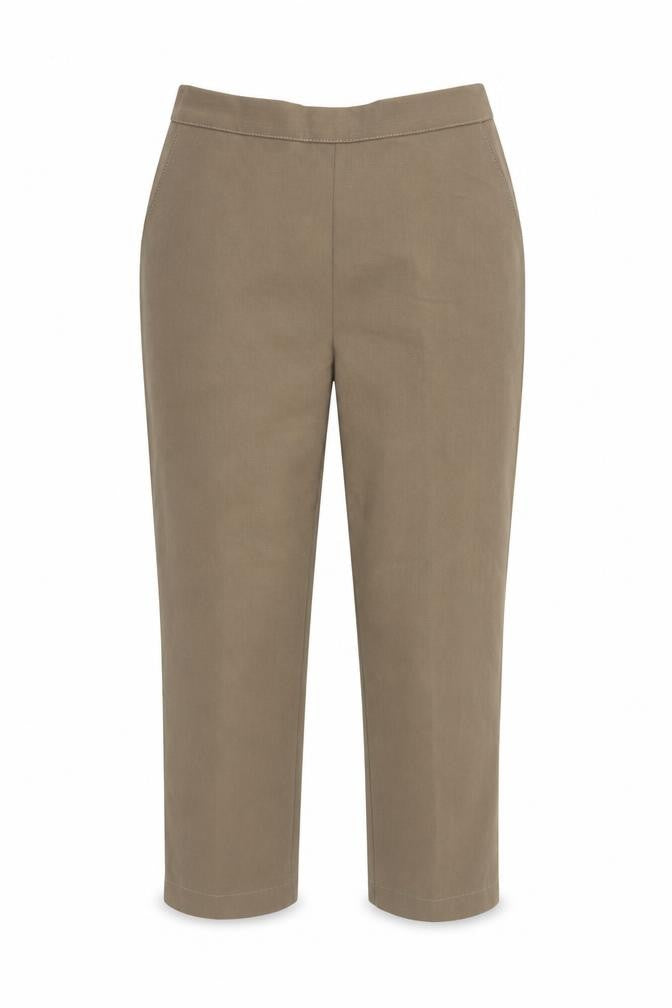 Front view of Emma Collction women’s beige cropped trousers, size UK 10, 23-inch leg
