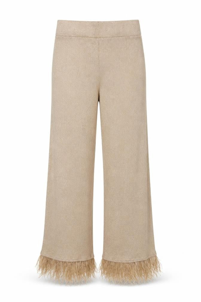 Front view of Flamade women’s gold trousers, size S, 26-inch leg