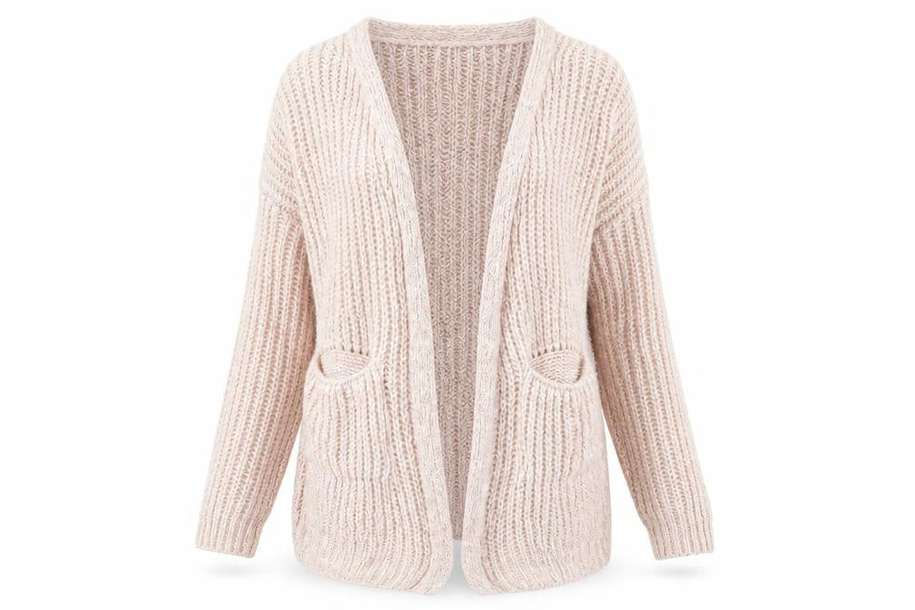 Front view of Misspap women’s pink cardigan jumper, size UK 10