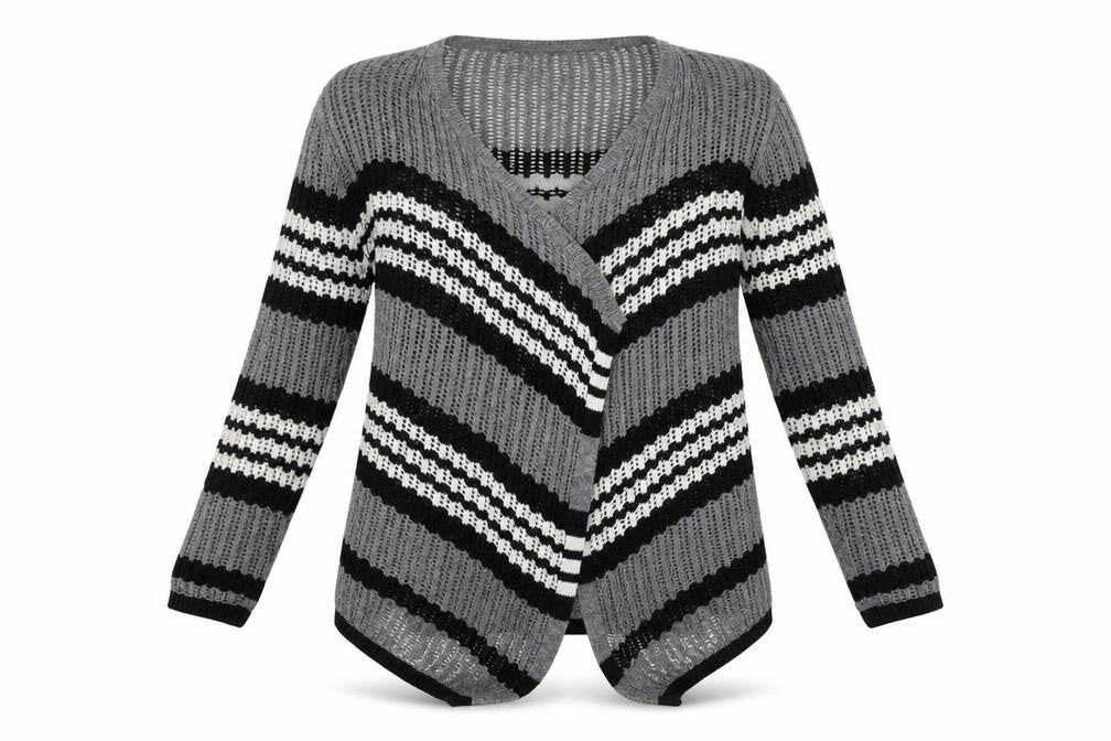 Front view of Papaya women’s grey striped cardigan jumper, size S