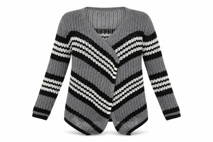 Front view of Papaya women’s grey striped cardigan jumper, size S