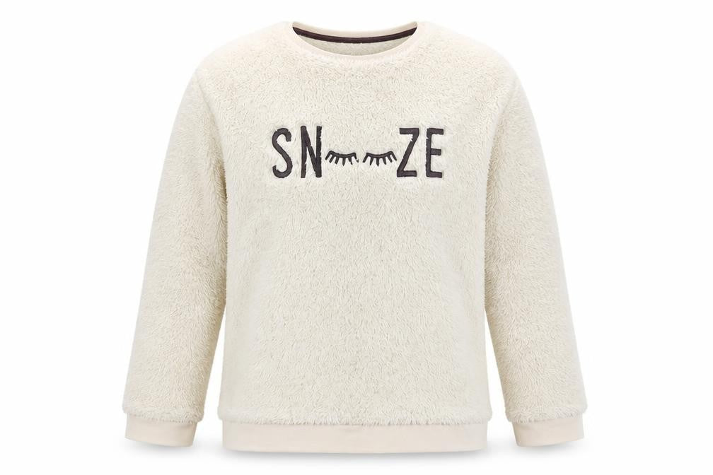 Front view of George girls’ ivory solid pyjama set, size 12-13, years - snooze - subtle glitter effect