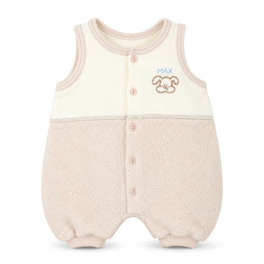 Front view of BHS boys’ beige animal print dungaree one-piece, size 3-6, months - dog logo
