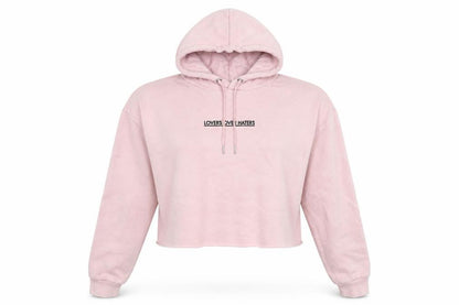 Front view of Divided women’s pink pullover hoodie, size UK 10, - lovers over haters - cropped