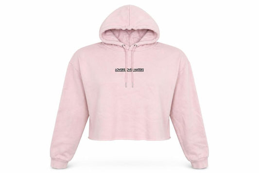 Front view of Divided women’s pink pullover hoodie, size UK 10, - lovers over haters - cropped