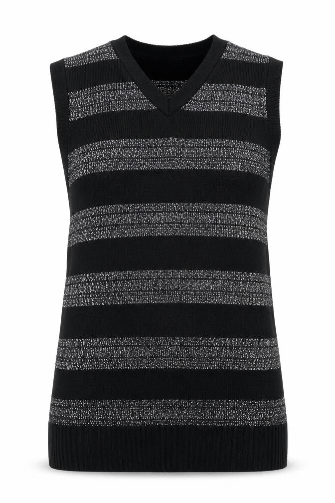 Front view of Black Pepper girls’ black striped vest jumper, size XL, - glitter stripe