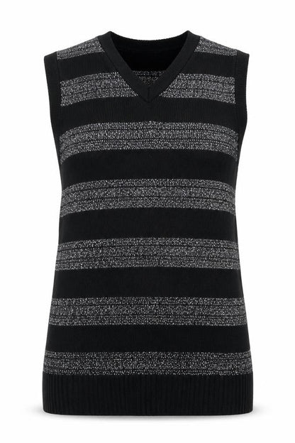 Front view of Black Pepper girls’ black striped vest jumper, size XL, - glitter stripe