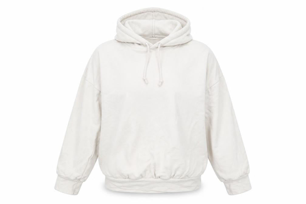 Front view of Boohoo women’s beige pullover hoodie, size UK 14