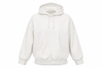 Front view of Boohoo women’s beige pullover hoodie, size UK 14