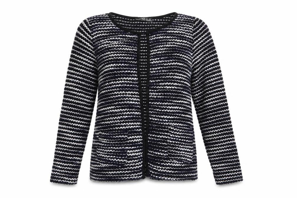 Front view of Atmosphere women’s blue striped cardigan jumper, size S