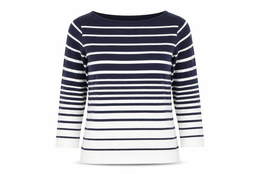 Front view of Afibel women’s blue striped jumper, size UK 10