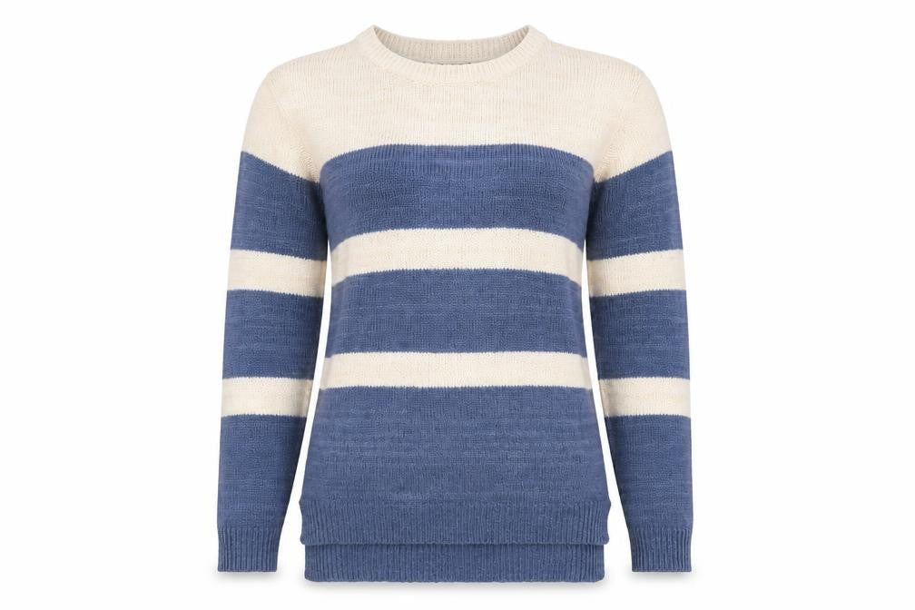 Front view of Atmo# women’s blue striped jumper, size UK 8