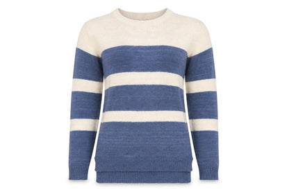 Front view of Atmo# women’s blue striped jumper, size UK 8