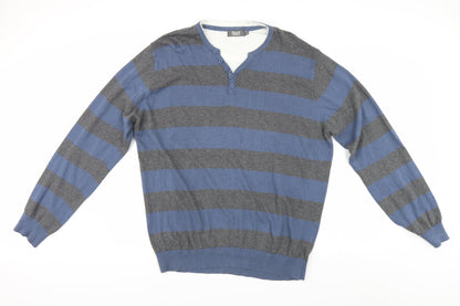 Trait Mens Blue Striped  Henley Jumper Size XL