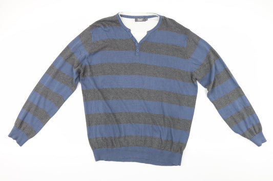 Trait Mens Blue Striped  Henley Jumper Size XL