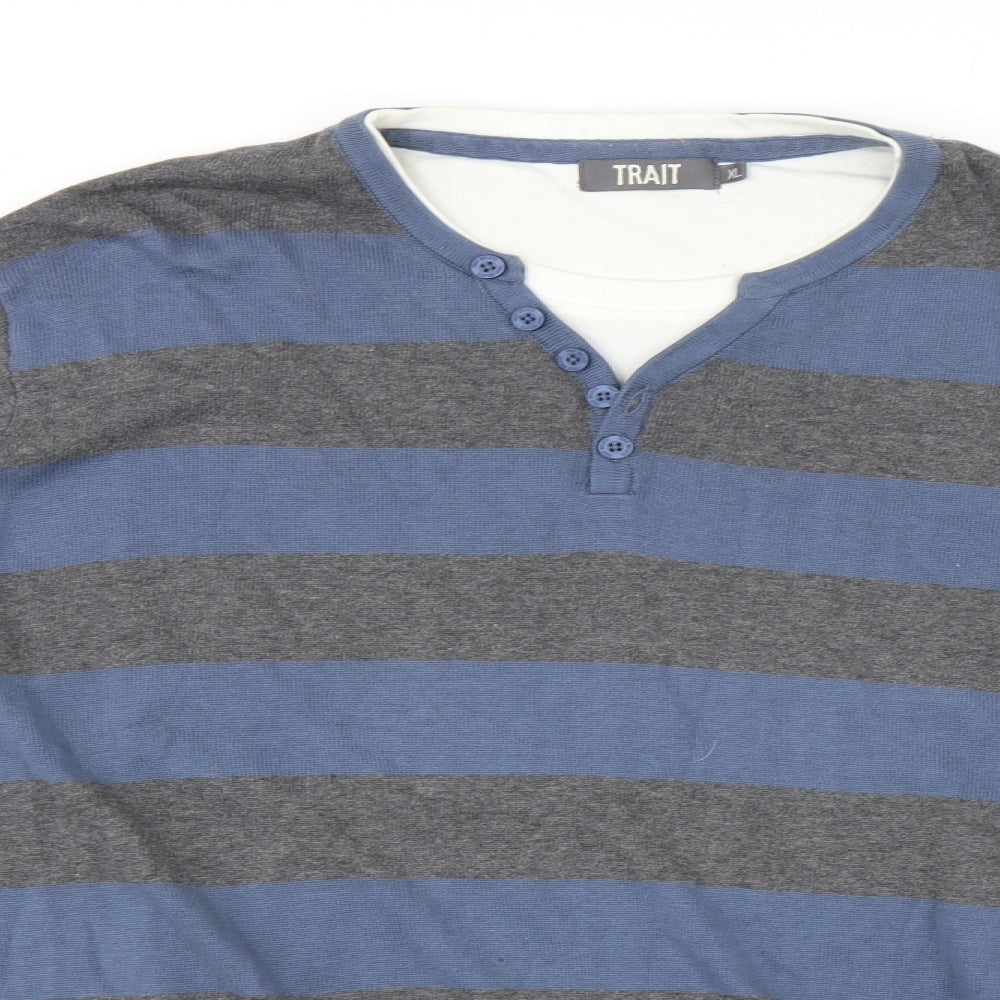 Trait Mens Blue Striped  Henley Jumper Size XL