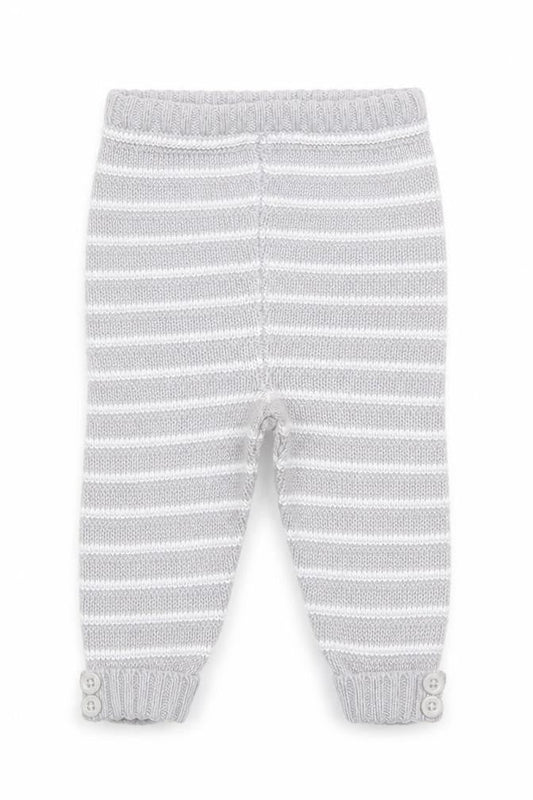 Front view of bonjour bebe boys’ grey striped knit capri trousers, size 0-3, months