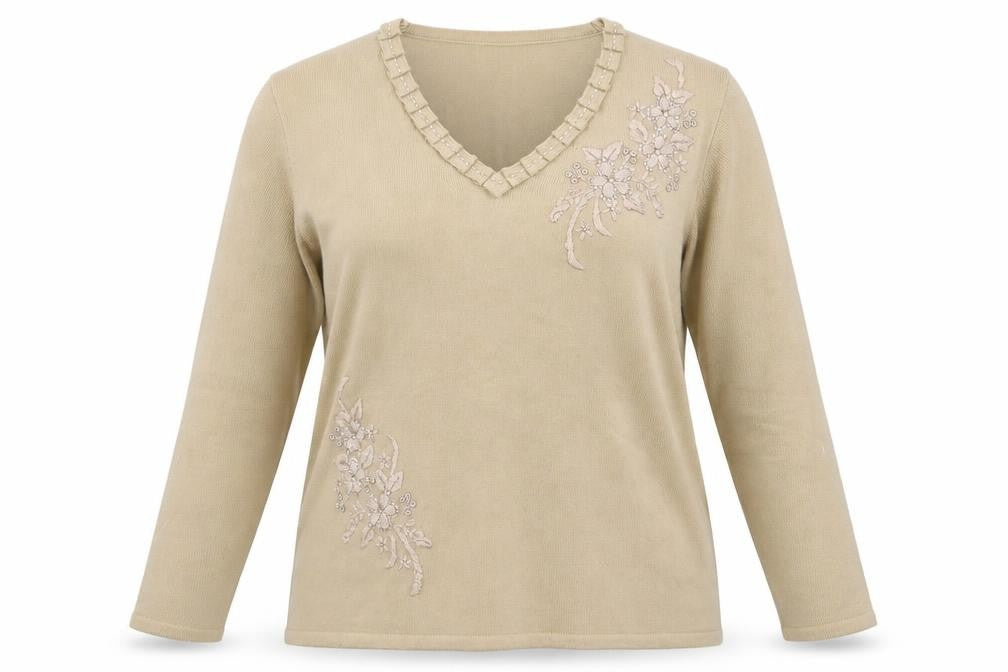 Front view of Fay Louise women’s beige knit jumper, size M, - floral embroidery