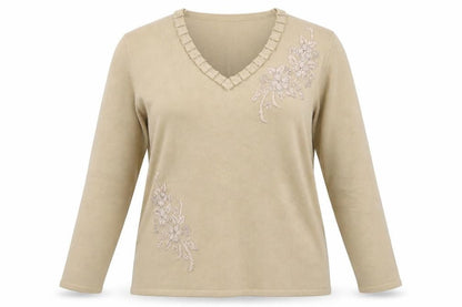 Front view of Fay Louise women’s beige knit jumper, size M, - floral embroidery
