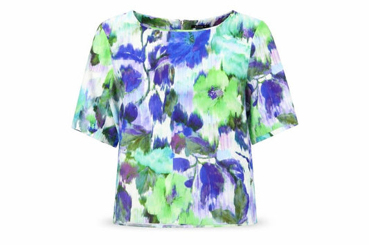 Front view of Roman women’s blue floral basic t-shirt, size UK 10, - green