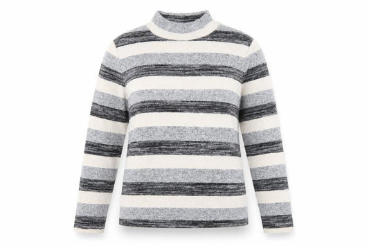 Front view of Nocozo women’s black striped jumper, size UK 10