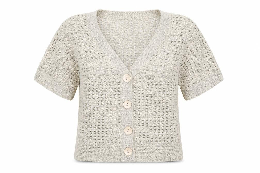 Front view of Klass Collection women’s beige knit cardigan jumper, size S