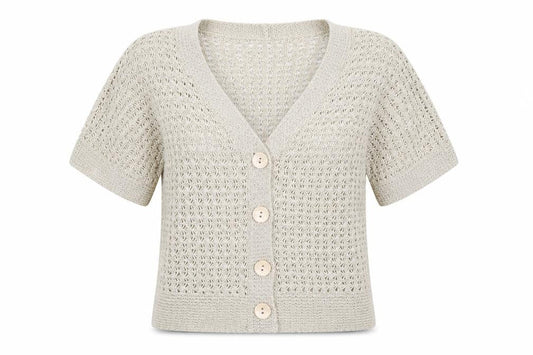 Front view of Klass Collection women’s beige knit cardigan jumper, size S