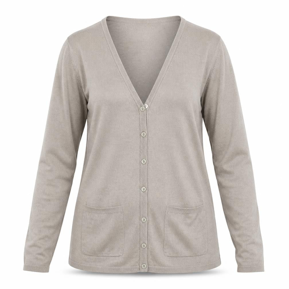 Front view of Julipa women’s grey knit cardigan jumper, size UK 8