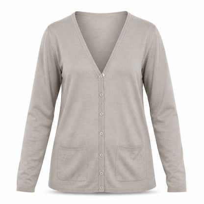 Front view of Julipa women’s grey knit cardigan jumper, size UK 8