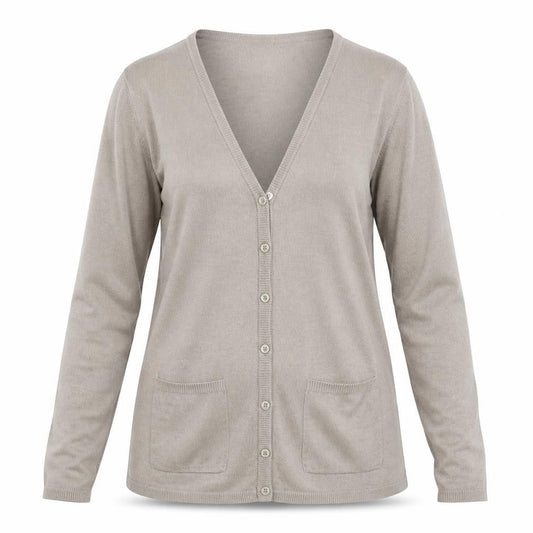 Front view of Julipa women’s grey knit cardigan jumper, size UK 8