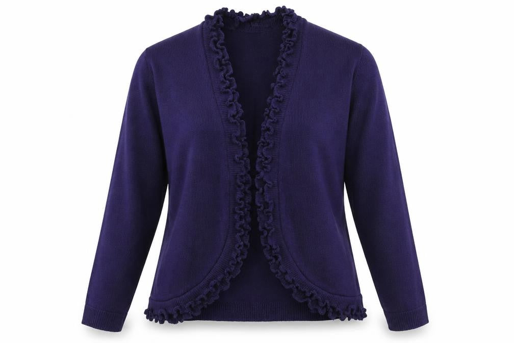 Front view of Keeno women’s blue knit cardigan jumper, size M