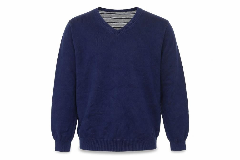 Front view of Blue Harbour men’s blue knit jumper, size S
