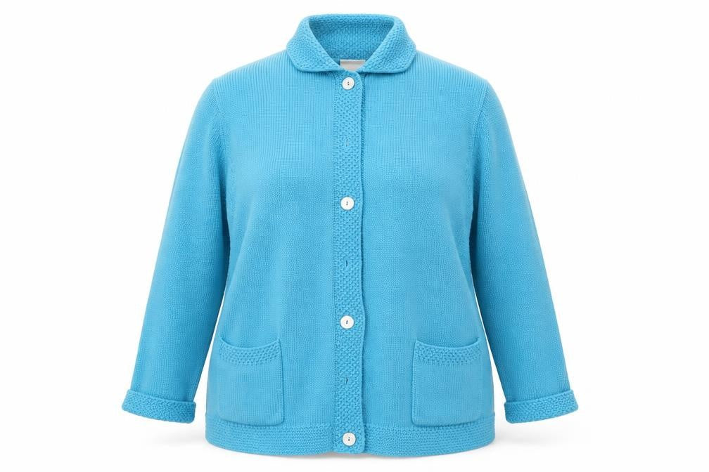 Front view of Classics women’s blue cardigan jumper, size UK 16