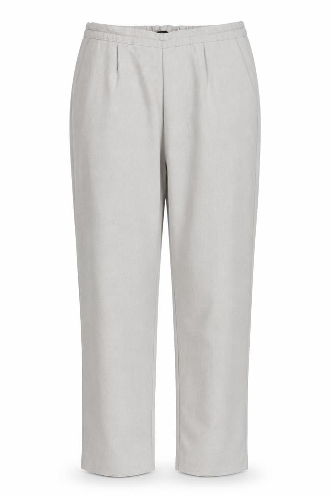 Front view of Bonmarché women’s beige trousers, size UK 10, 28-inch leg - stretch waistband