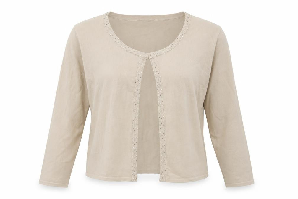 Front view of Preworn women’s beige cardigan jumper, size M