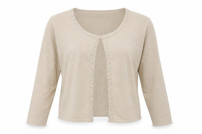 Front view of Preworn women’s beige cardigan jumper, size M