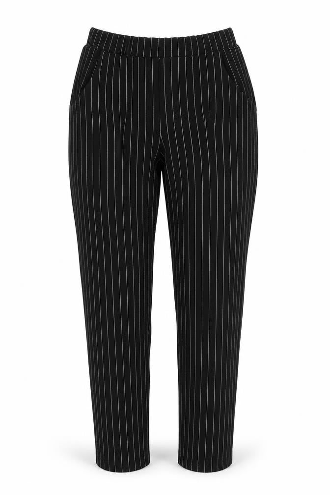 Front view of PRETTYLITTLETHING women’s black striped trousers, size UK 4, 23-inch leg