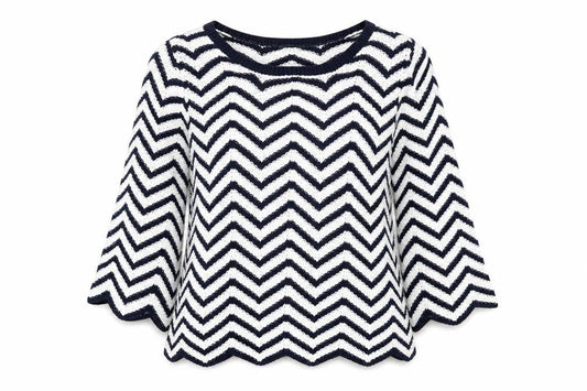 Front view of Yumi women’s blue geometric knit jumper, size S