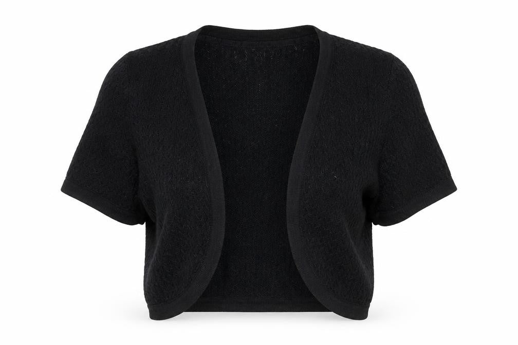Front view of Maine New England women’s black geometric shrug jumper, size UK 12