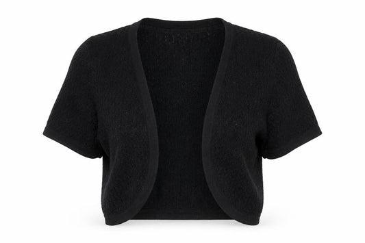 Front view of Maine New England women’s black geometric shrug jumper, size UK 12